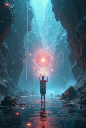 Woman looking at a glowing sun in the cave. 3D renderingの素材