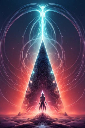 Lightning in the Christmas tree. Illustration of a man standing in front of a Christmas tree.の素材