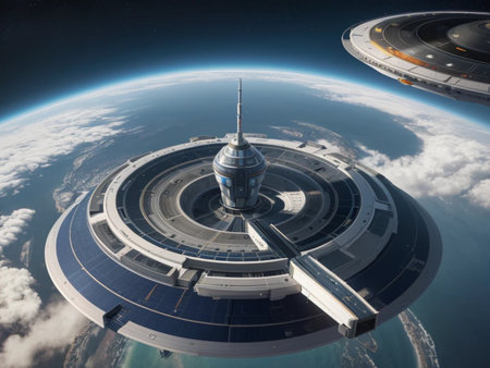 3D rendering of a space station with a view of the earthの素材