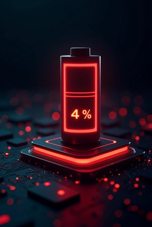 3d render of a battery on a black computer keyboard with red lightsの素材
