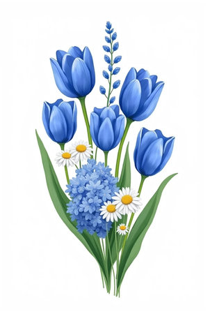 Blue tulips and daisies on a white background. Vector illustration.の素材