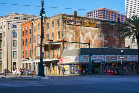 New Orleans - 04/15/2018: vintage Restaurant Castillo insignia and architecture in Canal Streetのeditorial素材