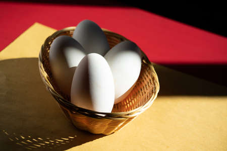 Mortara 04/05/2019: goose eggs composition on red and yellow backgroundの写真素材