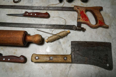 Mortara 09/10/2019: kitchen tools ensemble for salami preparationの写真素材