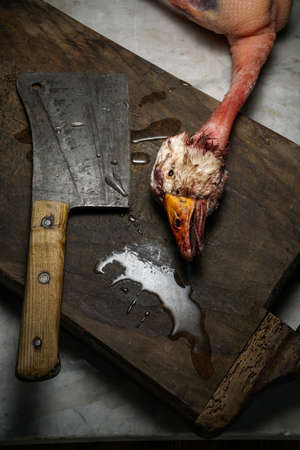 Mortara 09/10/2019: Mortara 09/10/2019: dead goose head and cleaver on a wooden cutting boardの写真素材