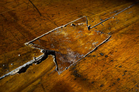Carpenter dowel insert in an old wooden table with mothsの写真素材