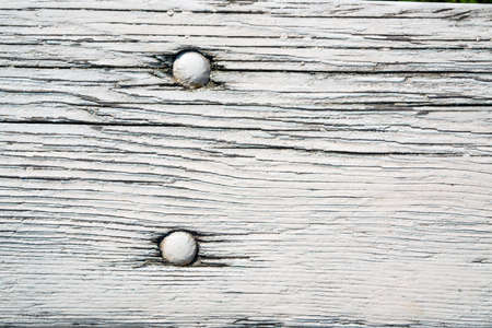 wooden plank with peeling white paint and nailsの写真素材