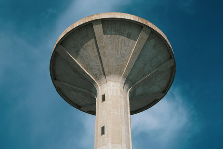 tower of the aqueduct against blue sky, brutalist architectureの写真素材