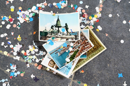 confetti and postcards of Venice for carnival in lockdownの写真素材