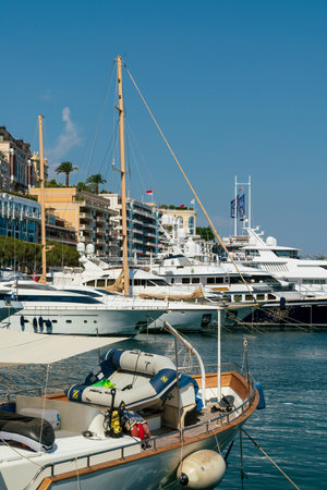 Luxury yachts and motor boats moored in the port of Cannes, Franceのeditorial素材