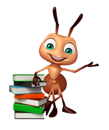 3d rendered illustration of Ant cartoon character with book stackの写真素材