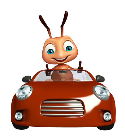 3d rendered illustration of Ant cartoon character with carの写真素材