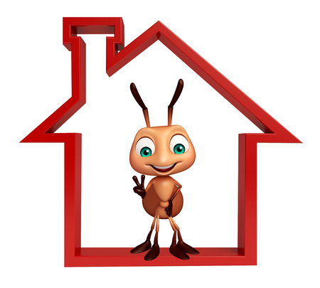 3d rendered illustration of Ant cartoon character with home signの写真素材