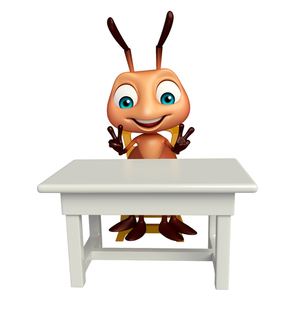 3d rendered illustration of Ant cartoon character with table and chairの写真素材