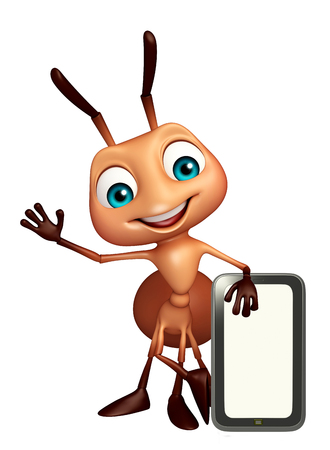 3d rendered illustration of Ant cartoon character with mobileの写真素材