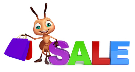 3d rendered illustration of Ant cartoon character with big sale sign with shopping bagの写真素材