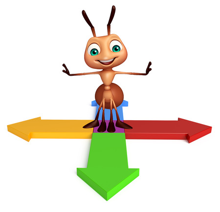 3d rendered illustration of Ant cartoon character with arrow signの写真素材