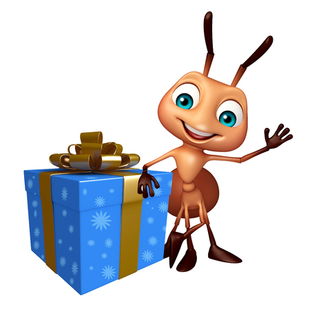 3d rendered illustration of Ant cartoon character with gift boxの写真素材