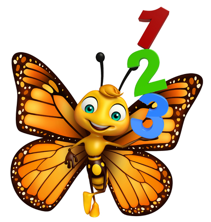 3d rendered illustration of Butterfly cartoon character with 123 signの写真素材