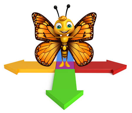 3d rendered illustration of Butterfly cartoon character with arrowの写真素材