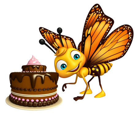 3d rendered illustration of Butterfly cartoon character with cakeの写真素材