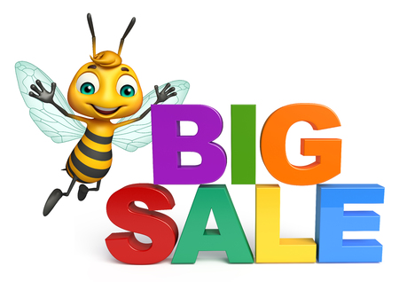 3d rendered illustration of Bee cartoon character with big sale signの写真素材