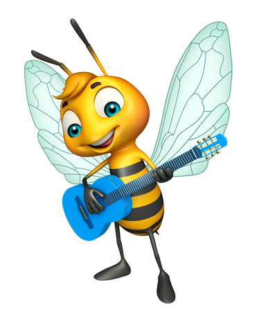3d rendered illustration of Bee cartoon character with guitarの写真素材