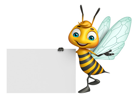 3d rendered illustration of Bee cartoon character with white boardの写真素材