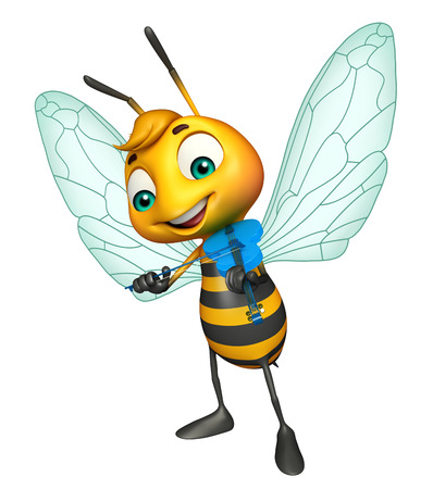 3d rendered illustration of Bee cartoon character with guitarの写真素材