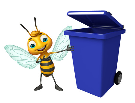 3d rendered illustration of Bee cartoon character with dustbinの写真素材