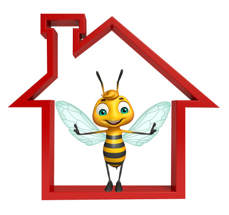 3d rendered illustration of Bee cartoon character with home signの写真素材
