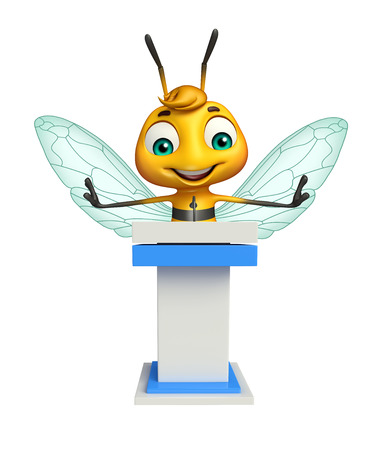 3d rendered illustration of Bee cartoon character with speech stageの写真素材
