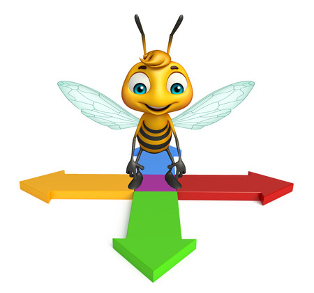 3d rendered illustration of Bee cartoon character with arrowの写真素材