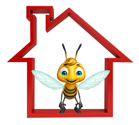 3d rendered illustration of Bee cartoon character with home signの写真素材