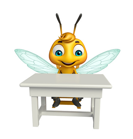 3d rendered illustration of Bee cartoon character with table and chairの写真素材