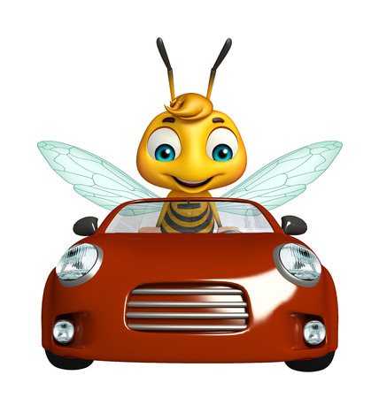 3d rendered illustration of Bee cartoon character with carの写真素材