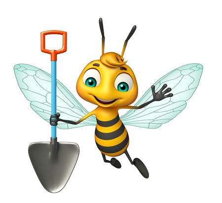 3d rendered illustration of Bee cartoon character with digging shovelの写真素材