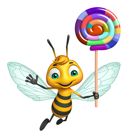 3d rendered illustration of Bee cartoon character with lollypopの写真素材