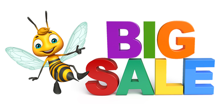 3d rendered illustration of Bee cartoon character with big sale signの写真素材