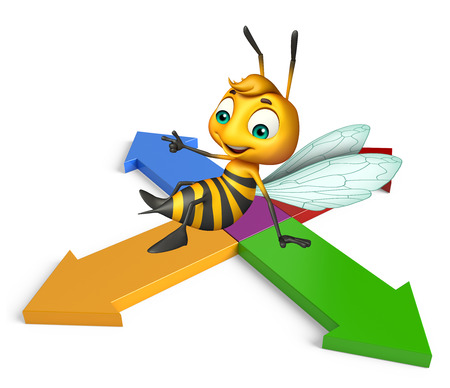 3d rendered illustration of Bee cartoon character with arrowの写真素材