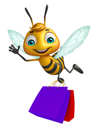 3d rendered illustration of Bee cartoon character with shopping bagの写真素材