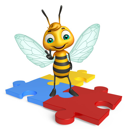 3d rendered illustration of Bee cartoon character with puzzleの写真素材