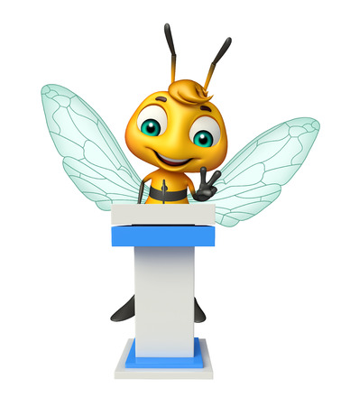 3d rendered illustration of Bee cartoon character with speech stageの写真素材