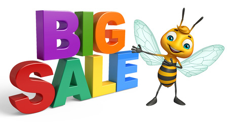 3d rendered illustration of Bee cartoon character with big sale signの写真素材