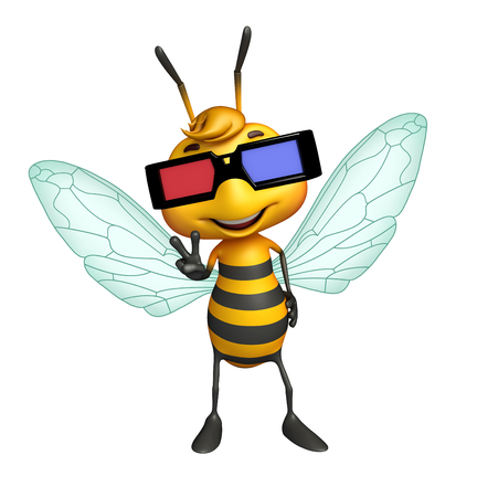3d rendered illustration of Bee cartoon character with 3D glassesの写真素材