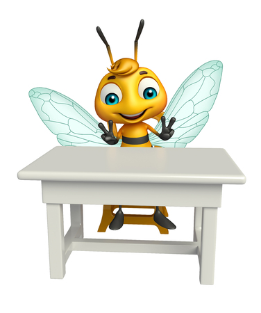 3d rendered illustration of Bee cartoon character with table and chairの写真素材