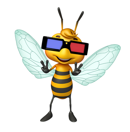 3d rendered illustration of Bee cartoon character with 3D glassesの写真素材