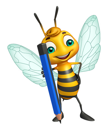 3d rendered illustration of Bee cartoon character with pencilの写真素材