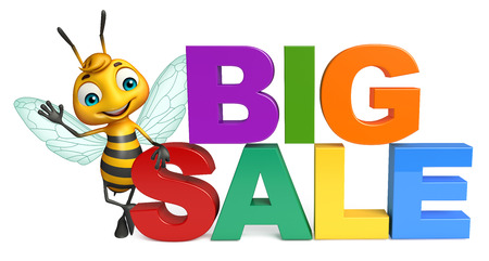 3d rendered illustration of Bee cartoon character with big sale signの写真素材