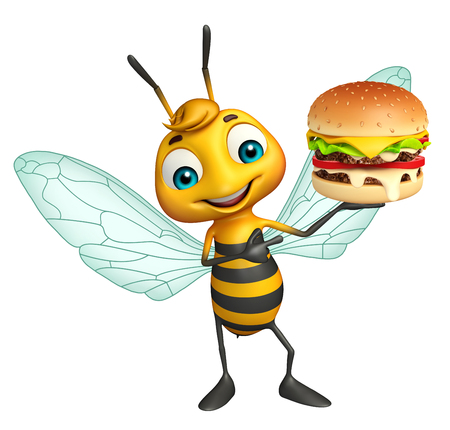 3d rendered illustration of Bee cartoon character with burgerの写真素材